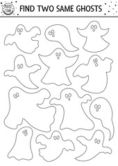 Find two same ghosts. Halloween black and white matching activity for children. Funny autumn quiz worksheet or coloring page for kids. Simple printable line game with scary spooks.