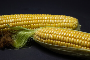 Peeled corn on a black background. Raw fresh corn. Healthy food