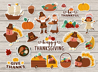 Vector Thanksgiving stickers set. Autumn patches collection with cute turkey, pilgrims, pumpkins on wooden background. Fall holiday patches pack with harvest, fruit, vegetables.