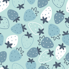 Fototapeta premium A hand drawn blue strawberry on a light background. Seamless berry pattern. Vector illustration. Suitable for background, printing on fabric, wallpaper, wrapping paper, phone case.