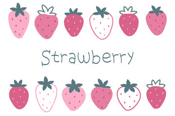 A set of hand-drawn pink strawberries. Vector illustration for printing on packaging paper, postcard, poster, banner.