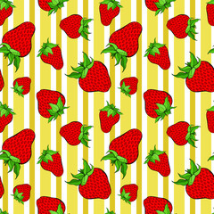 Strawberry seamless pattern on striped background. Red berry repeating endless texture. Yummy boundless background. Vegan food surface pattern design. Editable tile for kitchen textile.