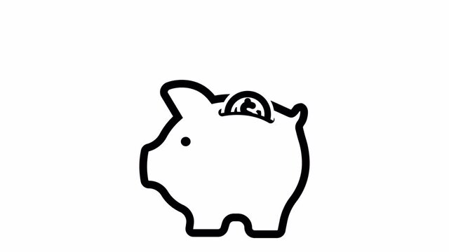Piggy bank for money savings. Coins falling in piggy bank. Saving money concept. 4k Animation