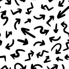 Black different ink arrows isolated on white background. Monochrome geometric seamless pattern. Vector simple flat graphic hand drawn illustration. Texture.