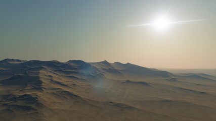 Naklejka premium realistic surface of an alien planet, view from the surface of an exo-planet, canyons on an alien planet, stone planet, desert planet 3d render