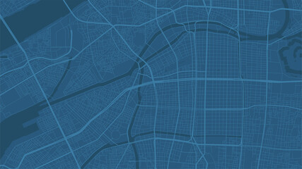Blue Osaka City area vector background map, streets and water cartography illustration.