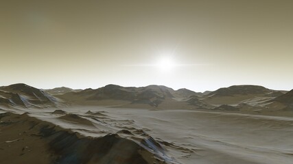 realistic surface of an alien planet, view from the surface of an exo-planet, canyons on an alien planet, stone planet, desert planet 3d render