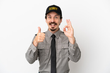 Young caucasian security man isolated on white background showing ok sign and thumb up gesture