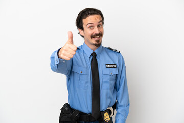 Young police man over isolated background white with thumbs up because something good has happened