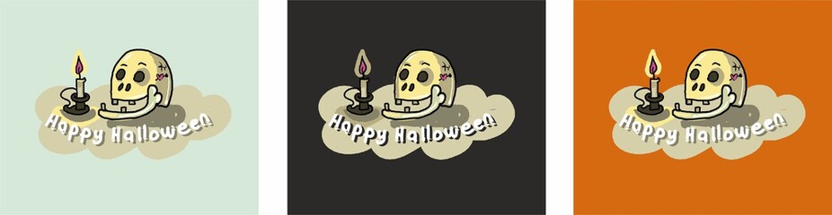 Skull with a candle. Happy Halloween. Vector illustration. Postcard. poster, playbill for Helloween without a pumpkin. Wax and candles. Party poster backgrounds.