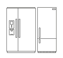 A set of refrigerators, two-chamber and one-door. Vector illustration in line style. Isolated clipart on white background