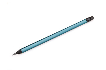 Cyan ebony pencil isolated on white background. A simple pencil with an eraser. Office tools. Close-up. Full depth of field.
