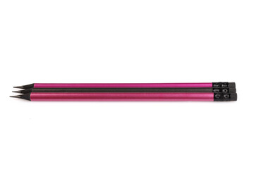 Three pencils from ebony isolated on a white background. A simple pencil with an eraser. Office tools. Close-up. Full depth of field.