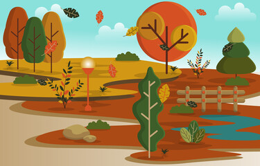 Autumn Fall Season Countryside Park Nature Landscape Illustration