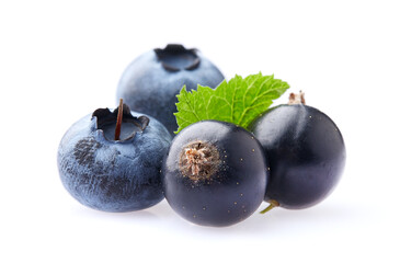 Currant with blueberry in closeup on white background