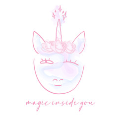 Pink face of a unicorn on a white background. Vector illustration in a watercolor style. Child's drawing of a unicorn. Cute winking unicorn. Magical creature. Unicorn for prints, cards, stickers 