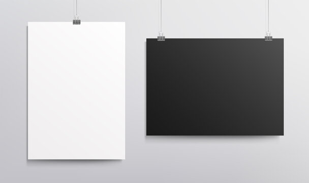 White vertical poster and black horizontal poster - Mockup template for presentation your design. Realistic vector mockup blank poster on wall, banner or cover