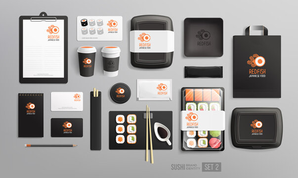 Sushi Shop Branding identity items and package design with logo Japanese food restaurant. Black Corporate style Sushi package mockup set of lunch box, rolls, chopsticks paper bag, menu