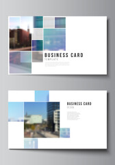 Vector layout of two creative business cards design templates, horizontal template vector design. Abstract design project in geometric style with blue squares.