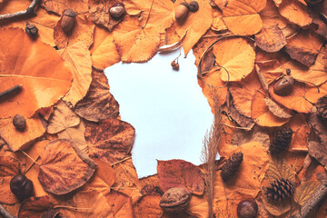 Creative autumn season layout with blank note paper as copy space