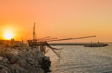 Apulia view of trabucco is an old fishing wood platform typical of the coast of Gargano National Park, Apulia, Italy