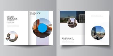 Vector layout of two A4 cover mockups templates for bifold brochure, flyer, magazine, cover design, book design. Background template with rounds, circles for IT, technology. Minimal style.