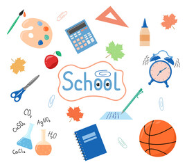 School set of supplies. Back to school. Vector illustration. Education elements isolated on white background