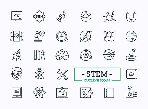 Vector Stem education thin line icons with symbols of Science, Technology, Engineering and Mathematics learning isolated on white
