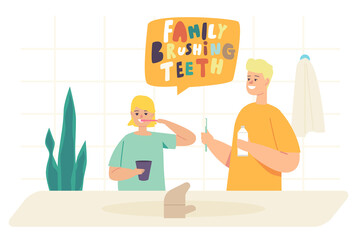 Children Morning Routine, Oral Care. Kids Brushing Teeth, Happy Brother and Sister Family Characters Dental Hygiene