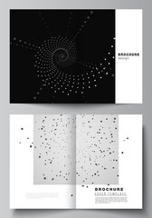 Vector layout of two A4 cover mockups templates for bifold brochure, flyer, cover design, book design. Abstract technology black color science background. Digital data. Minimalist high tech concept.