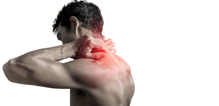 Naked man on a white background, with action sore neck and bone.