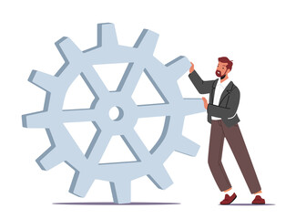 Tiny Businessman Character Moving Huge Cogwheel. Man in Formal Wear Push Gears Develop New Strategy, Work Productivity