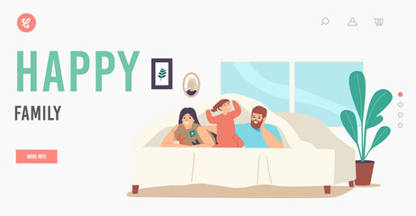Happy Family Landing Page Template. Characters Mother, Father and Little Daughter Lying Under Blanket on Bed in Room