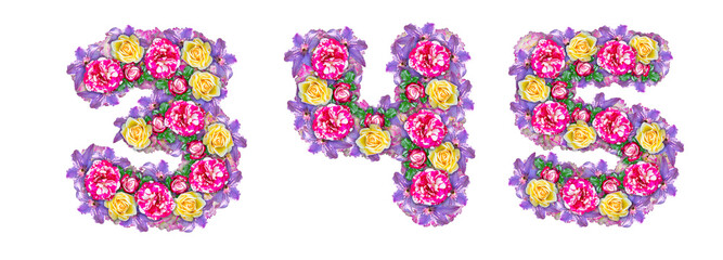 The numbers 3, 4, 5 are made from a bouquet of roses of different varieties
