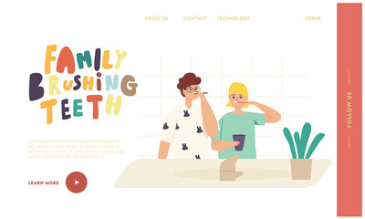 Kids Brushing Teeth Landing Page Template. Happy Family Characters with Toothbrush and Paste Dental Hygiene Procedure