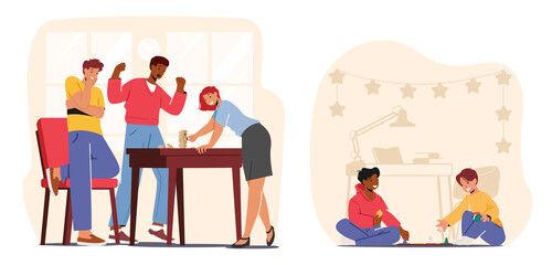 Joyful Sparetime in Friends Company, Kids Board Games. Adult and Children Characters Playing Board Games Leisure and Fun