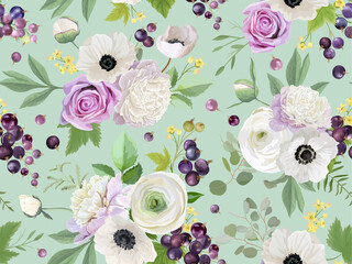 Seamless black currant pattern with summer berries, fruits, leaves, flowers background