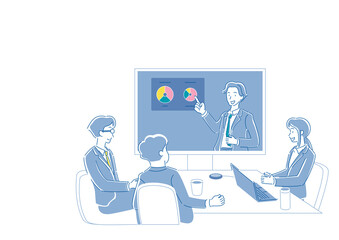 モニターを使ってミーテイングをするビジネスマン