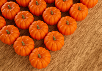 Illustration on theme of Pumpkin dish. pumpkin patch on a wood surface. 3d rendering with  same gourds. Concept - pumpkins for making Jack's Lanterns. Three-dimensional pumpkin illustration.