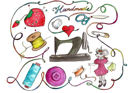 a watercolor handmade things on a white background