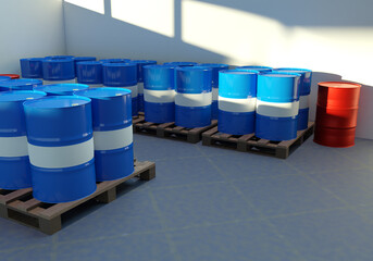Barrels for chemistry on pallets. Metal Barrels indoors. Chemical Industry. Chemical storage...