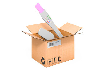 Pregnancy test inside cardboard box, delivery concept. 3D rendering