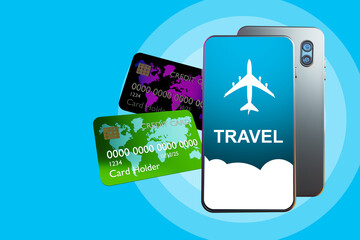 Air travel app. Apps for buying air tickets. Apps for online purchase of air tickets. Phone and credit cards. Purchase airline tickets with credit card. Smartphones on turquoise background. 3d image