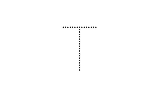 Tutorial for writing English alphabet. Trace the letter T with a pencil isolated on white background. Animated letters sample for children sequential writing of the letter T