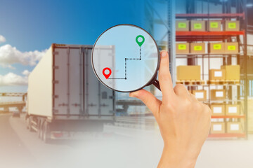 Logistic business. Transportation of goods by truck. Truck next to warehouse. Transportation of...