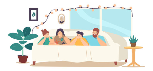Happy Family Sparetime, Sweet Life Moments. Parents and Children Relax at Home. Characters Lying Under Blanket on Bed