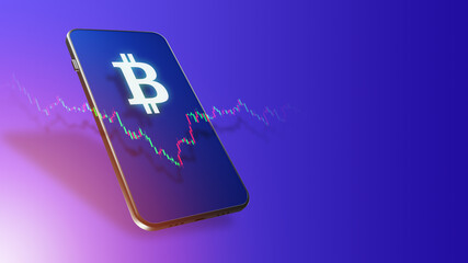 Bitcoin wallet. Bitcoin logo in smartphone screen. Phone with a crypto wallet app. Cryptocurrency wallet on blue background. App for using bitcoin. Investing in cryptocurrencies via phone. 3d image