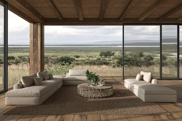 Fototapeta na wymiar Modern interior design open space living room. Large windows and nature view. House outdoor terrace 3d render illustration.