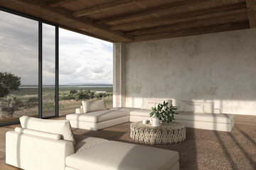 Modern interior design open space living room. Large windows and nature view. Stucco wall mock up. House outdoor terrace 3d render illustration.
