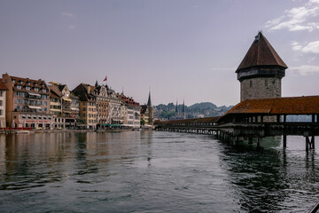 Panoramic view of city center of Lucerne with famous Chapel Bridge and lake - Canton of Luzern,...